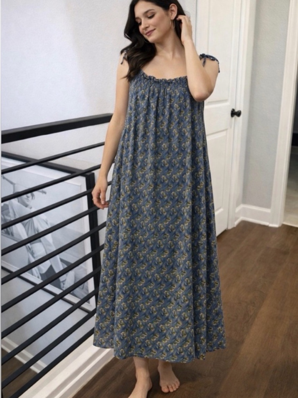 Ex Voto Blue Floral Tie-Shoulder Maxi Dress M/L Smocked Neckline Boho Coastal